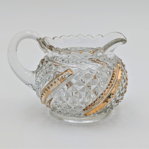Vintage Brilliant Pressed Glass Creamer Gold Trim Diamond Star Pattern Scalloped - Picture 1 of 10